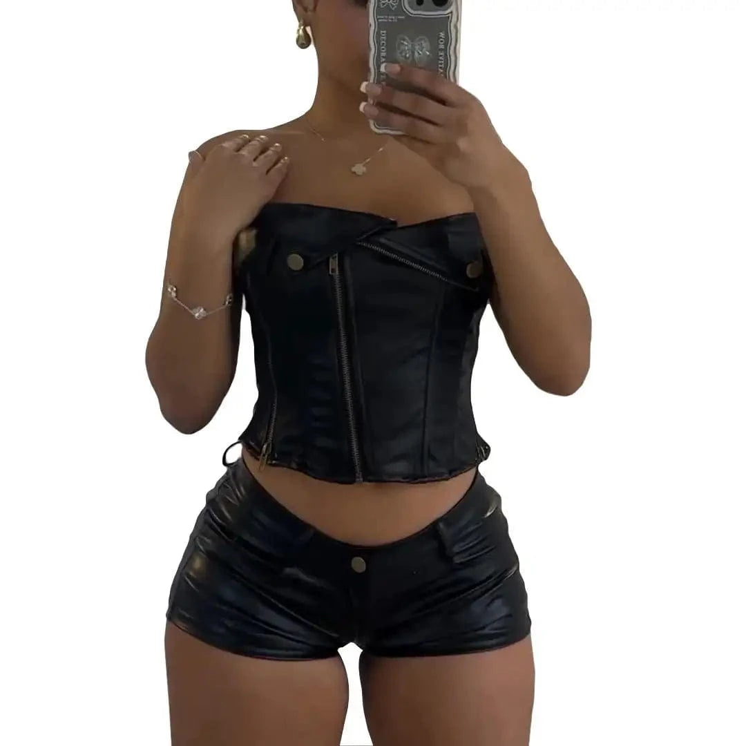 J&H Summer 2024 Two Piece Set women Clothing Sexy Club PU Leather Two Piece Outfits Set Ladies Bra Tops Shorts Set 2 Piece