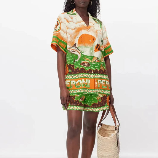 J&H   Summer Trendy 2024 Casual Two-Piece Set Of Cotton And Linen Printed Shirts And Shorts Two Piece Set