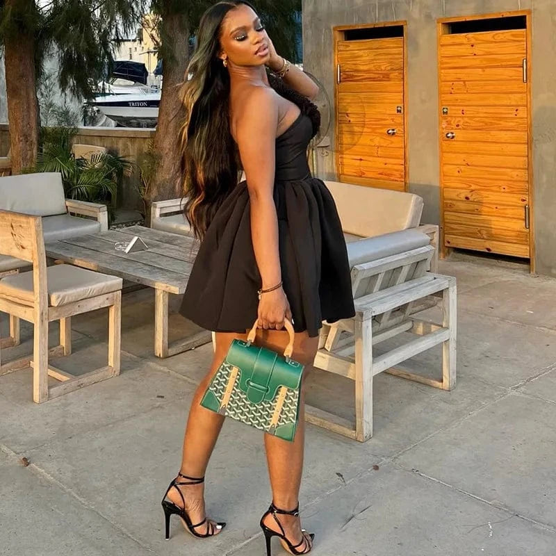 J&H Trendy Summer 2024 Black Sexy One Shoulder Cut Out Tight Waist Slim Fit Club Street Pleated Mini Dress