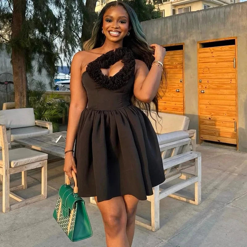 J&H Trendy Summer 2024 Black Sexy One Shoulder Cut Out Tight Waist Slim Fit Club Street Pleated Mini Dress