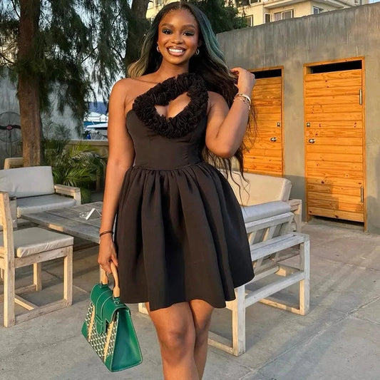 J&H Trendy Summer 2024 Black Sexy One Shoulder Cut Out Tight Waist Slim Fit Club Street Pleated Mini Dress