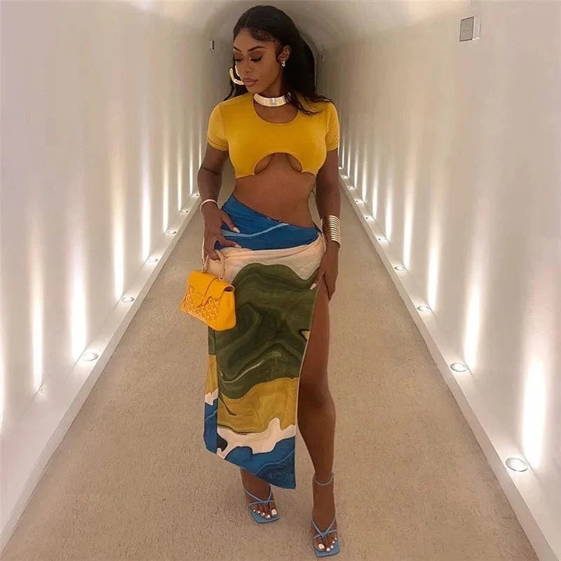 J&H Women Autumn New Style Contrast Color Print Long Side Split Sexy Women's Skit Fashion Midi Dress For Ladies