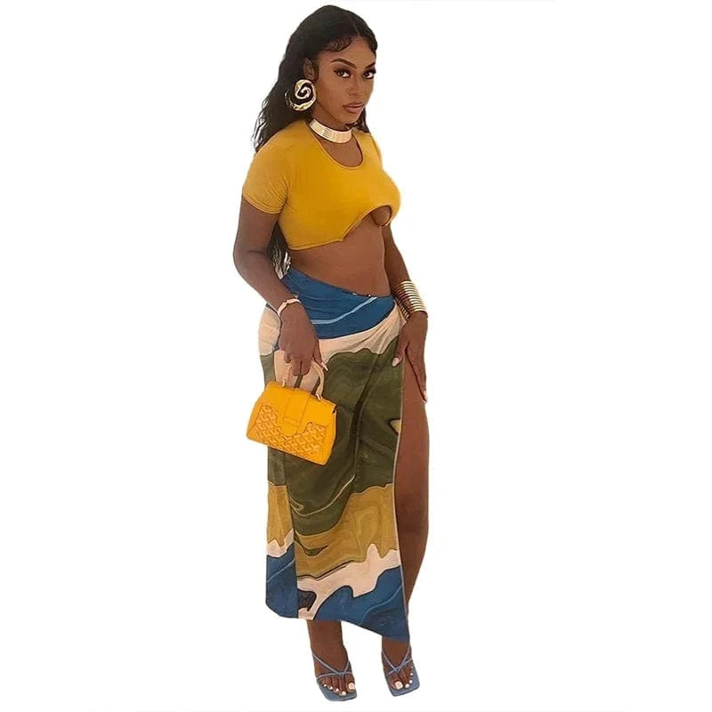 J&H Women Autumn New Style Contrast Color Print Long Side Split Sexy Women's Skit Fashion Midi Dress For Ladies