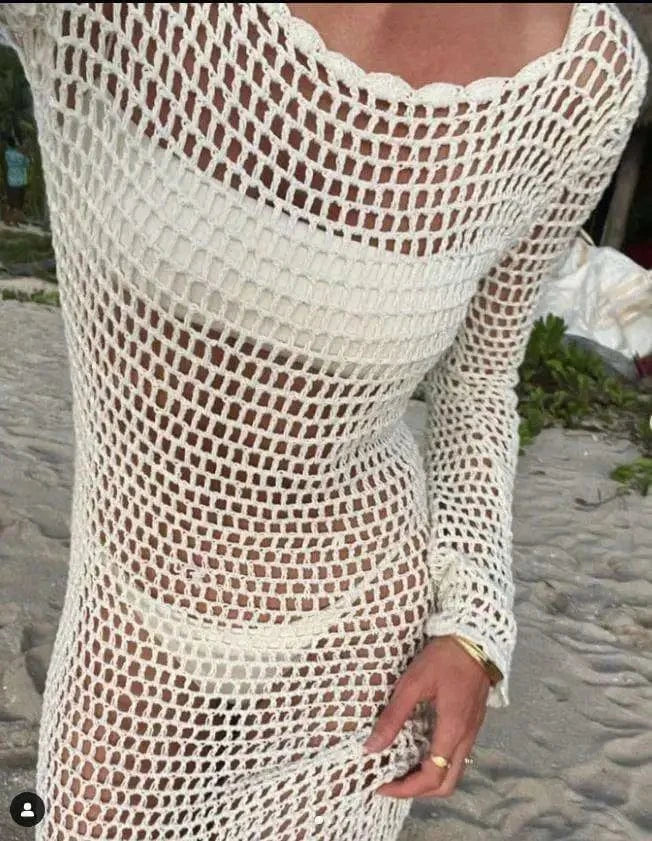 J&H2024 Summer Sun Protection Cover Up Knitted Beach Long Dress Sexy Hollow Out Perspective Backless Long Dress