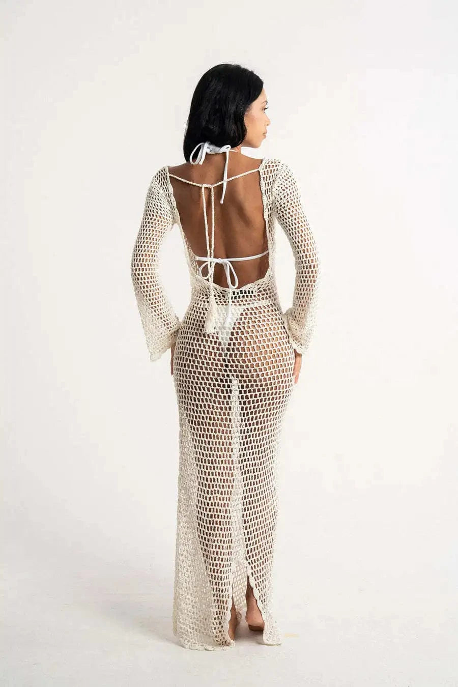 J&H2024 Summer Sun Protection Cover Up Knitted Beach Long Dress Sexy Hollow Out Perspective Backless Long Dress