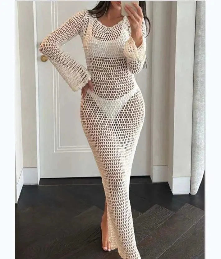 J&H2024 Summer Sun Protection Cover Up Knitted Beach Long Dress Sexy Hollow Out Perspective Backless Long Dress
