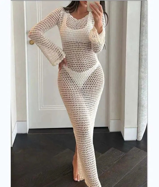 J&H2024 Summer Sun Protection Cover Up Knitted Beach Long Dress Sexy Hollow Out Perspective Backless Long Dress