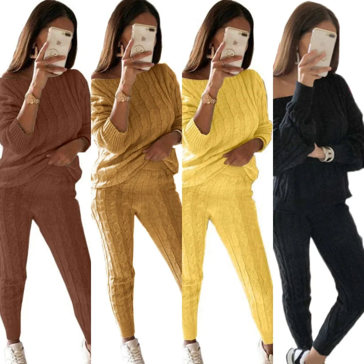 J&HCasual 2024 Casual Fall Winter Solid Color Long Sleeve Knit Sweater Top Pant Outfits Women Sexy Two Pieces Sweater Sets