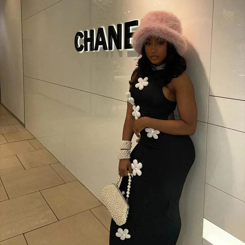 J&HSummer 2024 New Elegant Slim Fit Long Dress Fashionable Flower Sleeveless High Neck Dress for Women