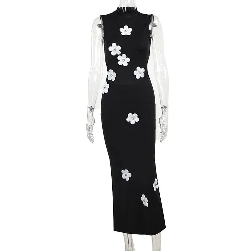 J&HSummer 2024 New Elegant Slim Fit Long Dress Fashionable Flower Sleeveless High Neck Dress for Women