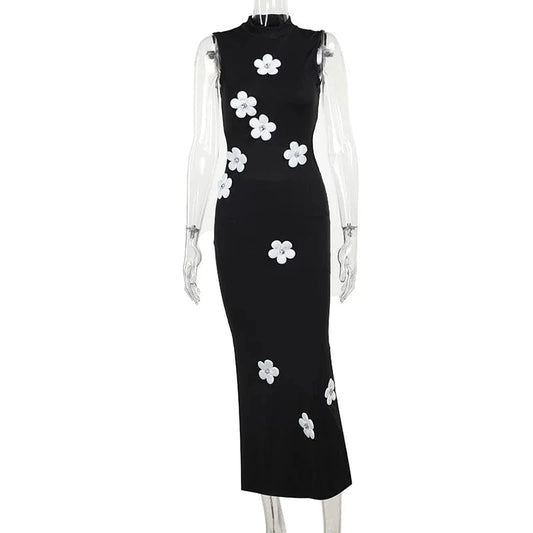 J&HSummer 2024 New Elegant Slim Fit Long Dress Fashionable Flower Sleeveless High Neck Dress for Women