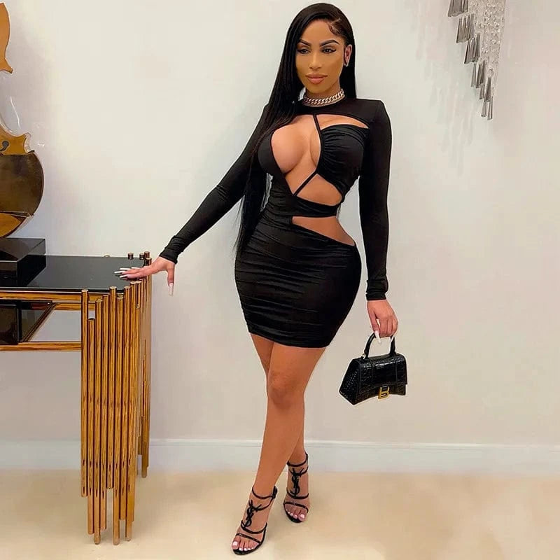 J8671 high quality bodycon dress women casual patchwork long sleeve  Hollow Out party wear dresses summer