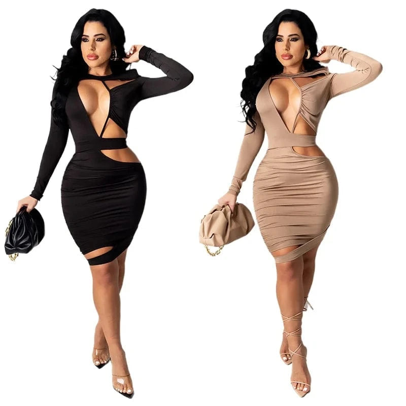 J8671 high quality bodycon dress women casual patchwork long sleeve  Hollow Out party wear dresses summer