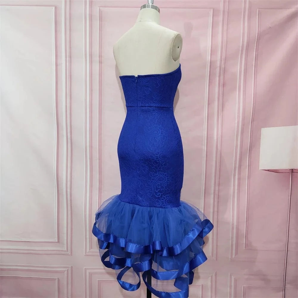 J9279 Sexy Tube Tops Patchwork Tulle Ruffle Lace Lady Party Prom Dresses