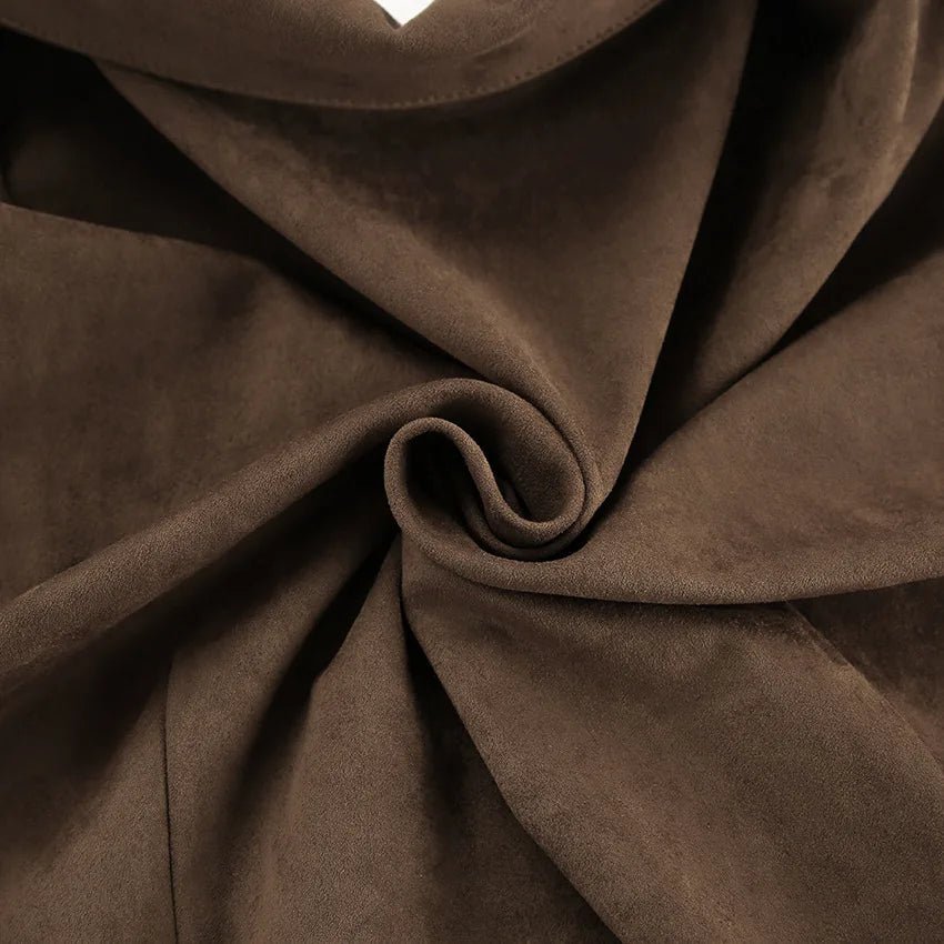 Jacket With Tie Up Collar And Brown Suede Pleated Design For Autumn High Street Style - SN Wigs & More