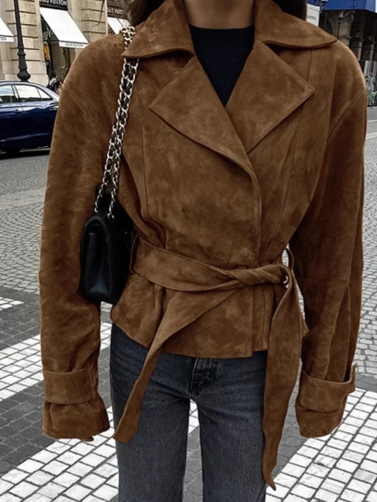 Jacket With Tie Up Collar And Brown Suede Pleated Design For Autumn High Street Style - SN Wigs & More