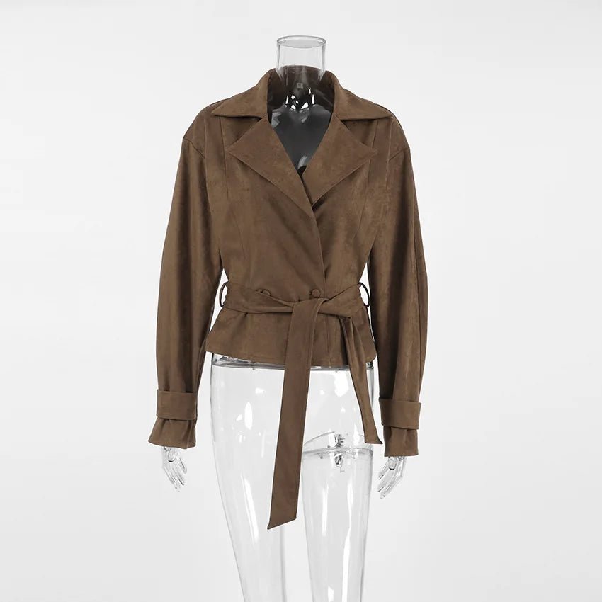 Jacket With Tie Up Collar And Brown Suede Pleated Design For Autumn High Street Style - SN Wigs & More