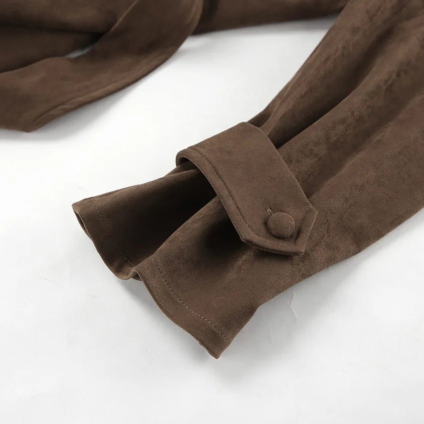 Jacket With Tie Up Collar And Brown Suede Pleated Design For Autumn High Street Style - SN Wigs & More