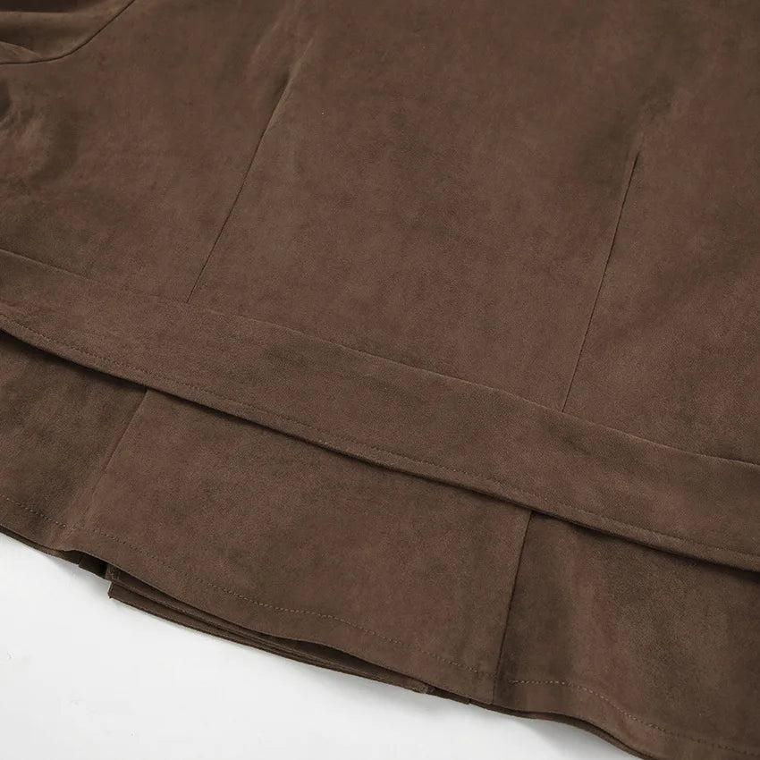 Jacket With Tie Up Collar And Brown Suede Pleated Design For Autumn High Street Style - SN Wigs & More