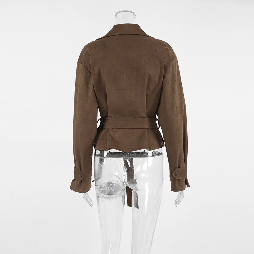 Jacket With Tie Up Collar And Brown Suede Pleated Design For Autumn High Street Style - SN Wigs & More