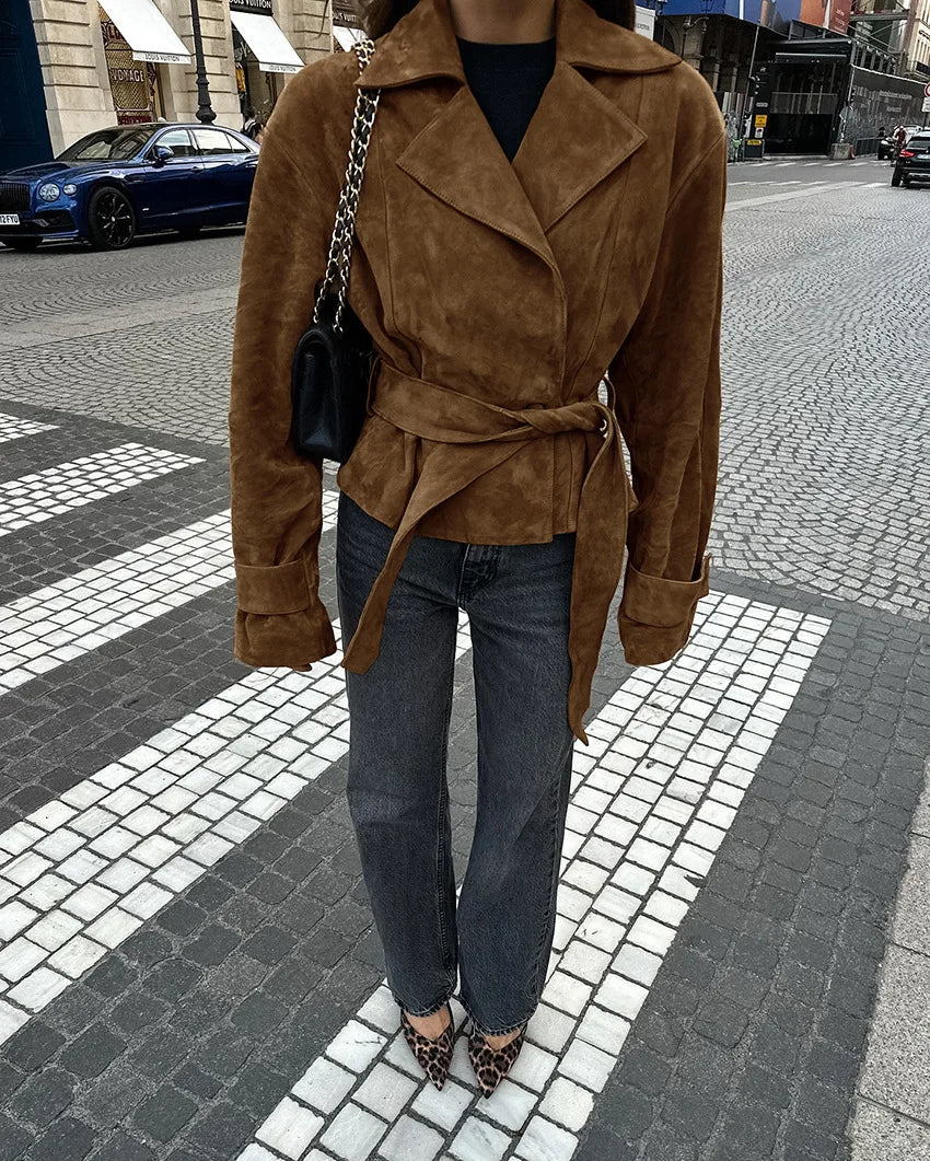 Jacket With Tie Up Collar And Brown Suede Pleated Design For Autumn High Street Style - SN Wigs & More