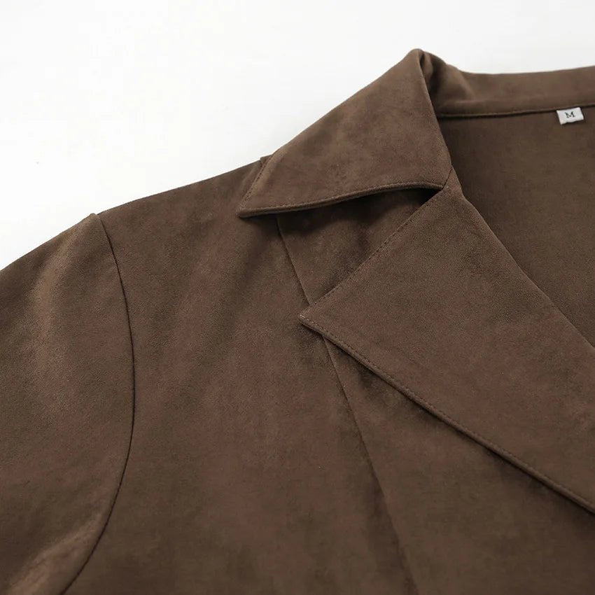 Jacket With Tie Up Collar And Brown Suede Pleated Design For Autumn High Street Style - SN Wigs & More