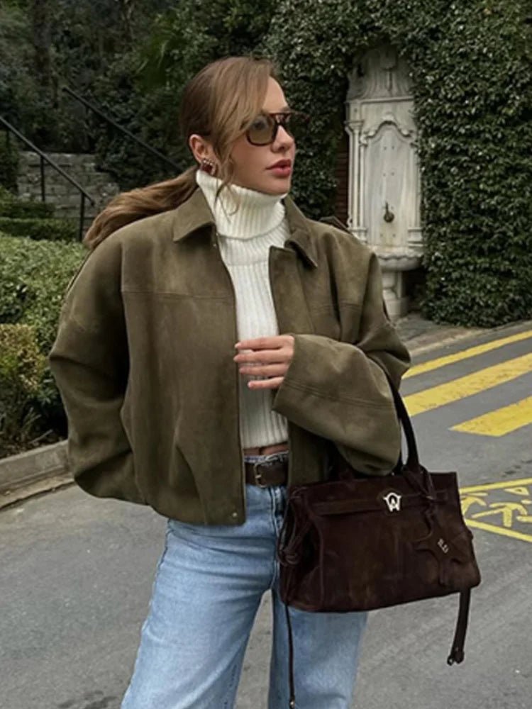 Jacket With Tie Up Collar And Brown Suede Pleated Design For Autumn High Street Style - SN Wigs & More
