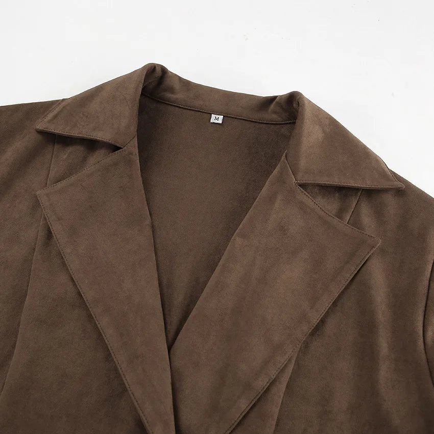 Jacket With Tie Up Collar And Brown Suede Pleated Design For Autumn High Street Style - SN Wigs & More