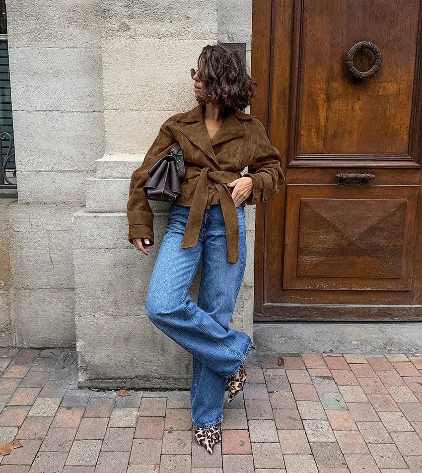 Jacket With Tie Up Collar And Brown Suede Pleated Design For Autumn High Street Style - SN Wigs & More
