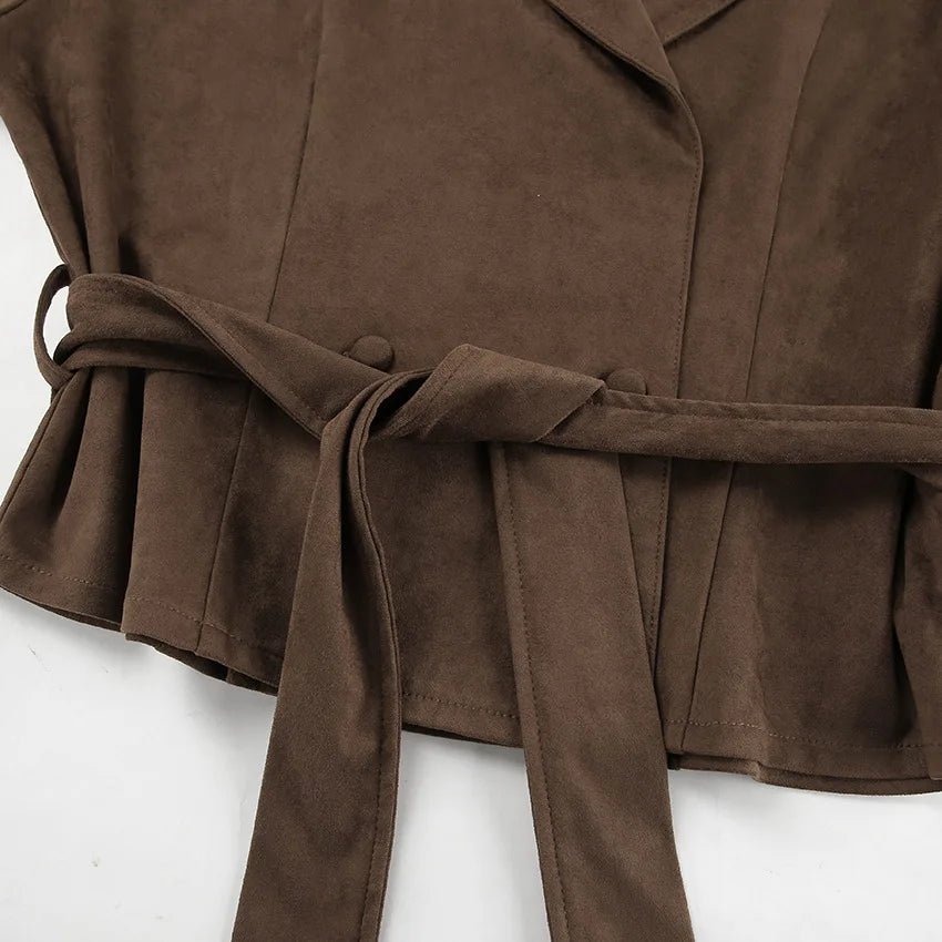 Jacket With Tie Up Collar And Brown Suede Pleated Design For Autumn High Street Style - SN Wigs & More