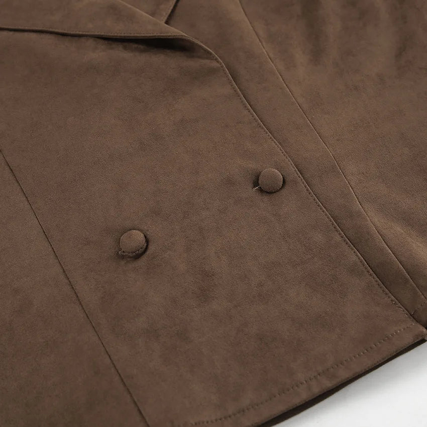 Jacket With Tie Up Collar And Brown Suede Pleated Design For Autumn High Street Style - SN Wigs & More