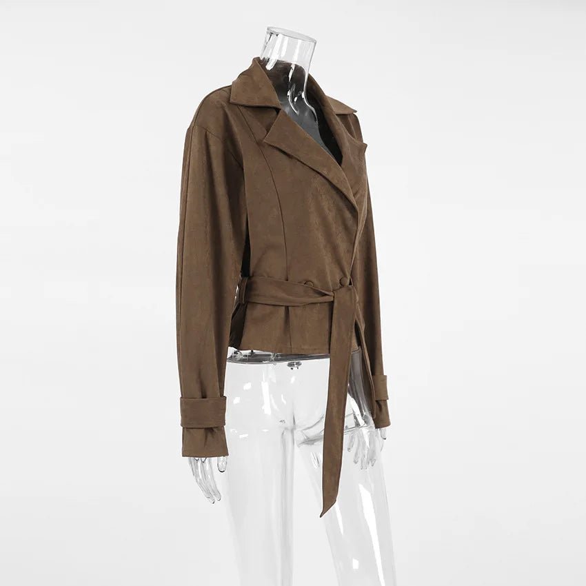 Jacket With Tie Up Collar And Brown Suede Pleated Design For Autumn High Street Style - SN Wigs & More