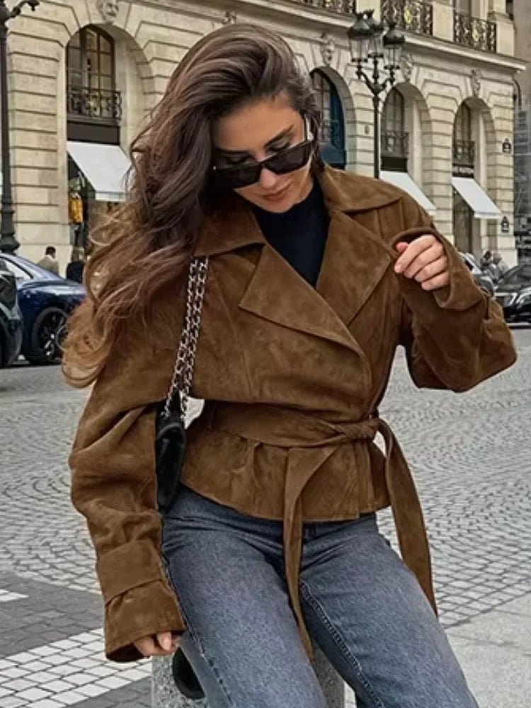Jacket With Tie Up Collar And Brown Suede Pleated Design For Autumn High Street Style - SN Wigs & More