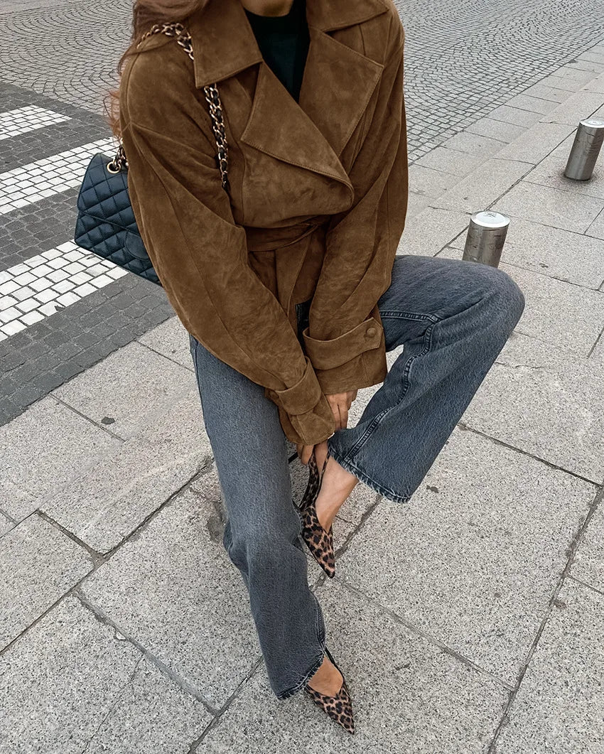 Jacket With Tie Up Collar And Brown Suede Pleated Design For Autumn High Street Style - SN Wigs & More