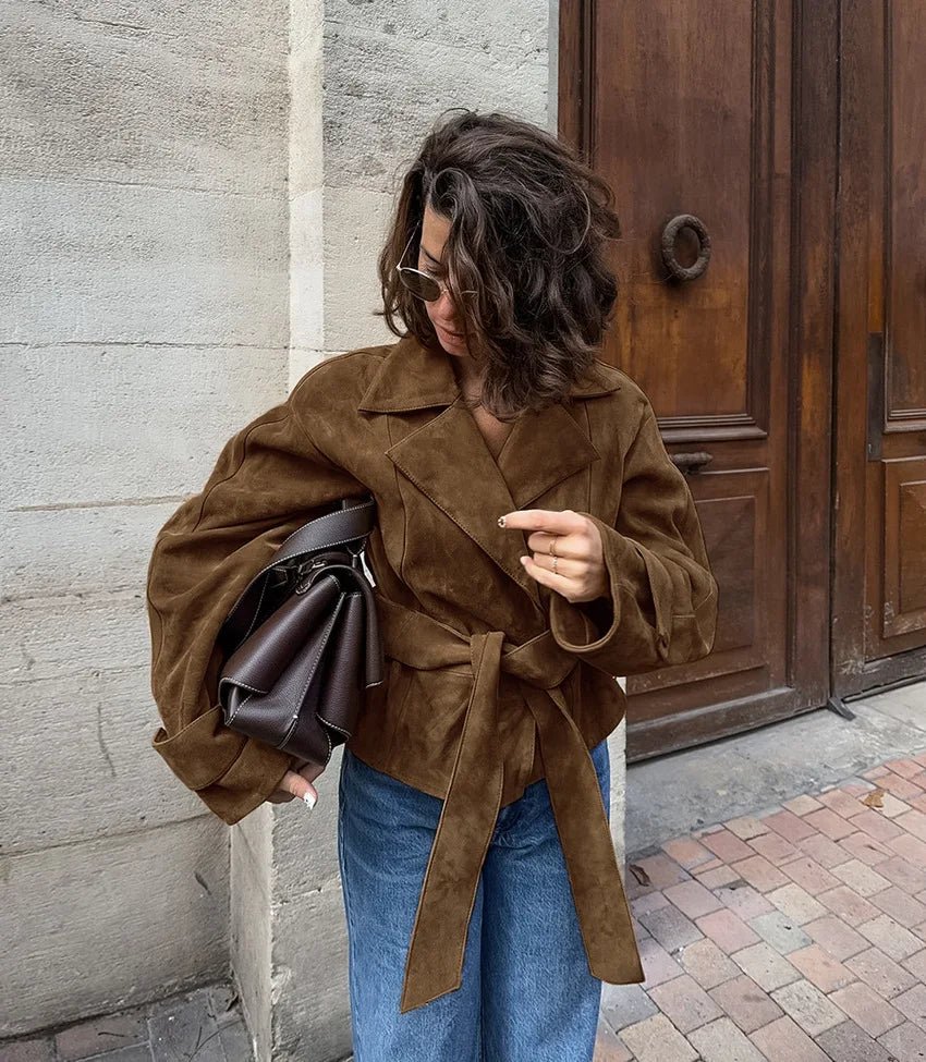 Jacket With Tie Up Collar And Brown Suede Pleated Design For Autumn High Street Style - SN Wigs & More