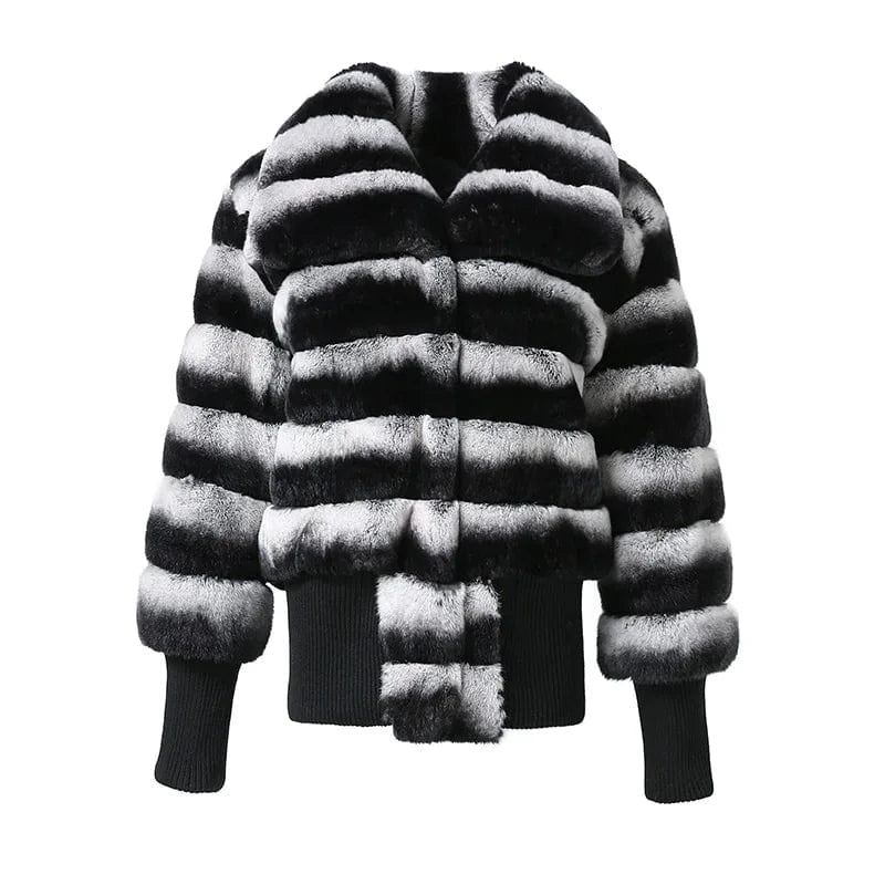 Jancoco Winter Luxury Rex Rabbit Fur Jacket Cropped Women Real Chinchilla Fur Coat