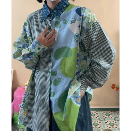 Japanese retro stitching printed long - sleeved shirt female autumn fashion design sense niche loose slim Joker temperament shirt - SN Wigs & More