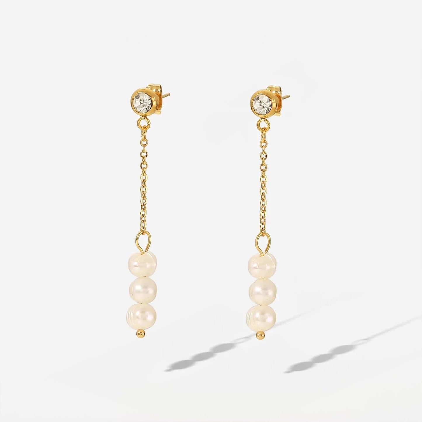 JDE201793 14k gold plated Stainless Steel Jewelry Gift Waterproof cubic zirconia long chain pearl earrings