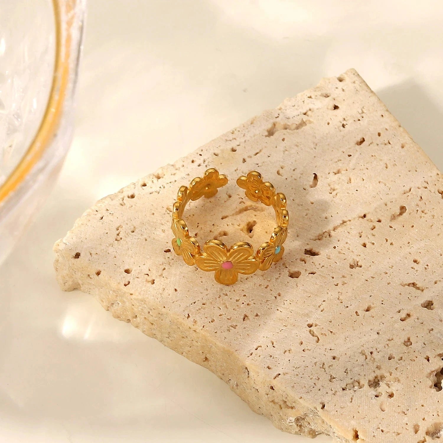 JDR201741 Stainless Steel 18k Gold Plated Oil Driping Enamel Jewelry Colorful Flower Finger Rings