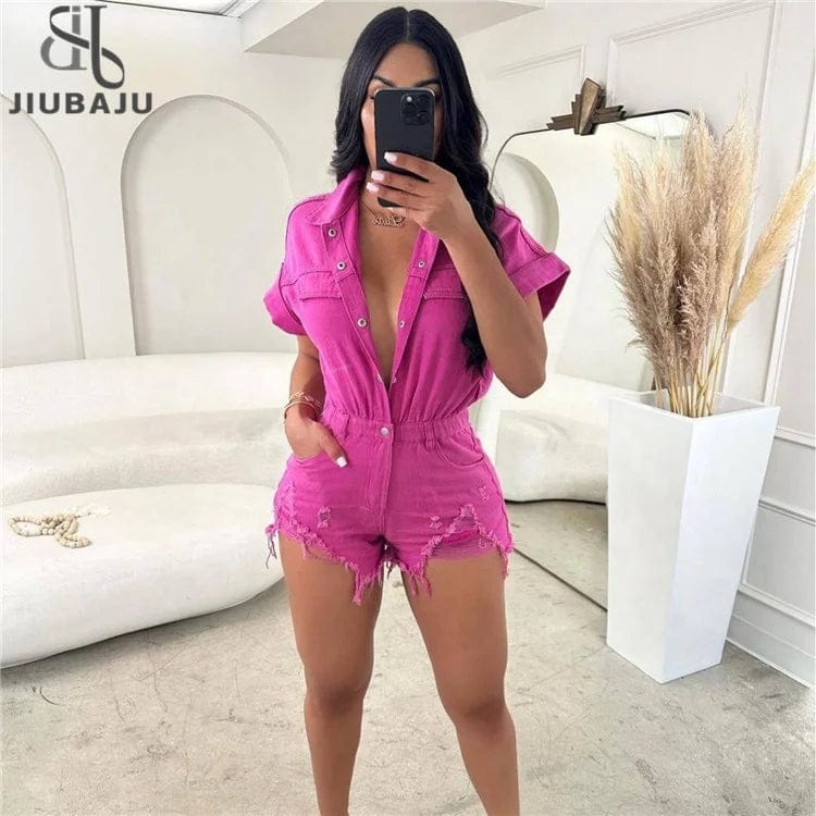 Jeans Jumpsuits Summer Women Short Sleeve Bodysuit Ripped Denim Shorts Jumpsuits