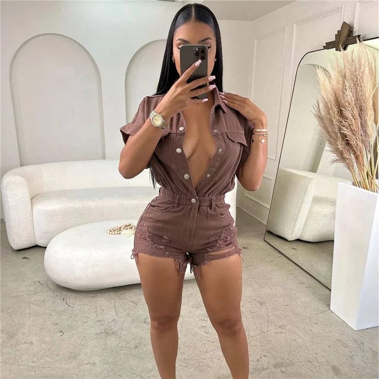 Jeans Jumpsuits Summer Women Short Sleeve Bodysuit Ripped Denim Shorts Jumpsuits