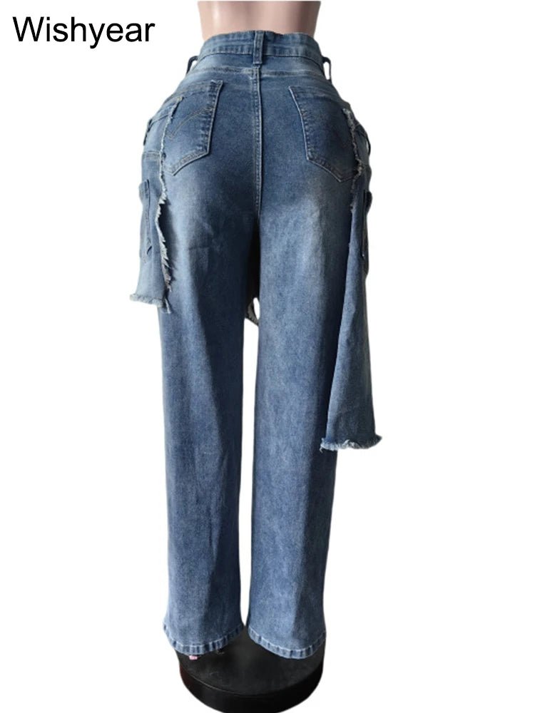 Jeans Perforated Stretch Denim Straight Wide Leg Y2K Streetwear - SN Wigs & More