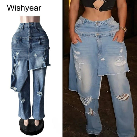 Jeans Perforated Stretch Denim Straight Wide Leg Y2K Streetwear - SN Wigs & More