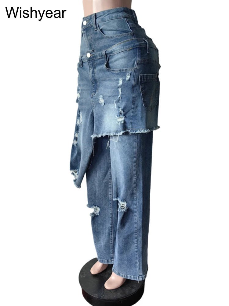 Jeans Perforated Stretch Denim Straight Wide Leg Y2K Streetwear - SN Wigs & More