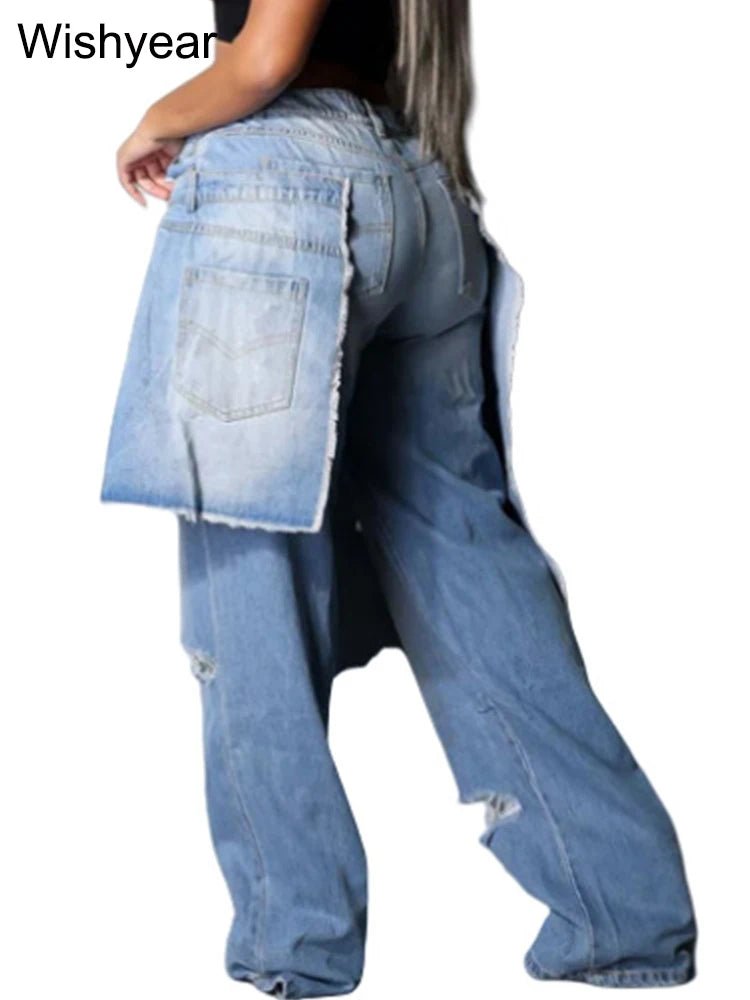 Jeans Perforated Stretch Denim Straight Wide Leg Y2K Streetwear - SN Wigs & More