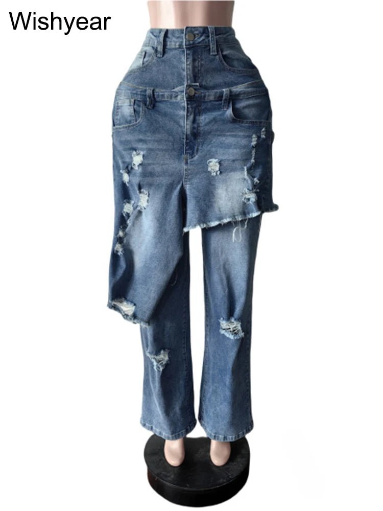 Jeans Perforated Stretch Denim Straight Wide Leg Y2K Streetwear - SN Wigs & More