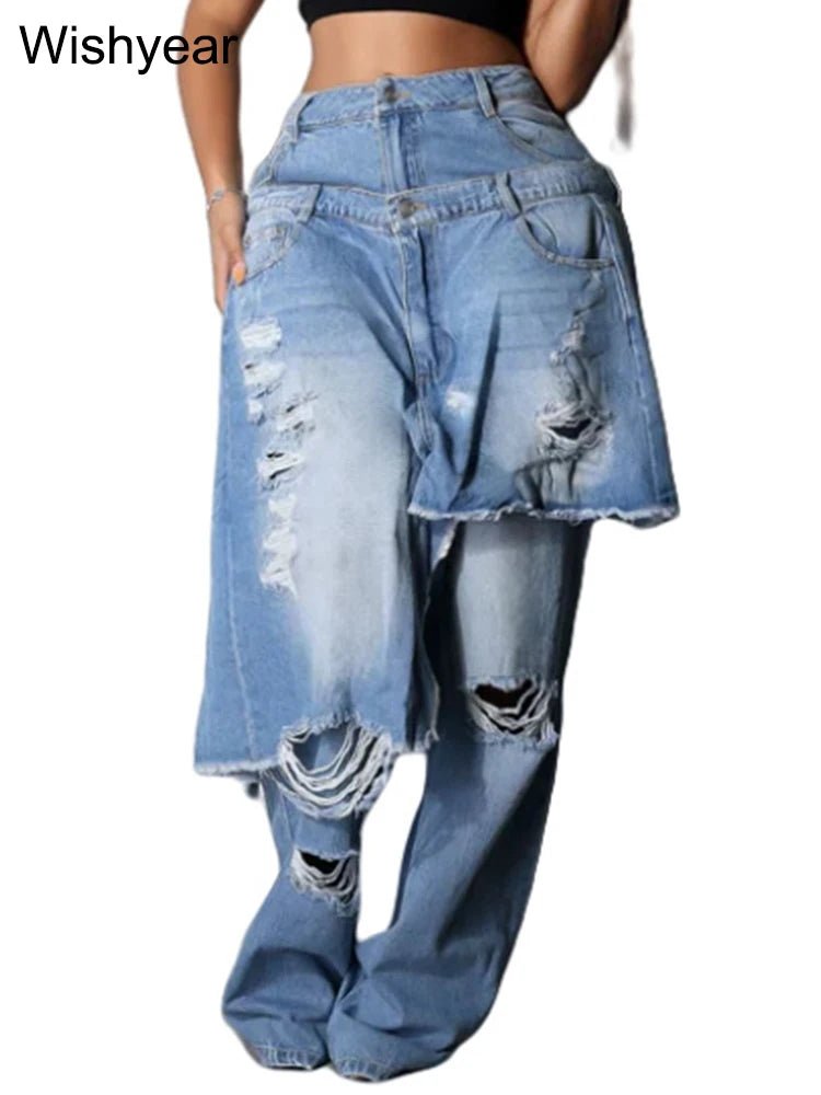 Jeans Perforated Stretch Denim Straight Wide Leg Y2K Streetwear - SN Wigs & More