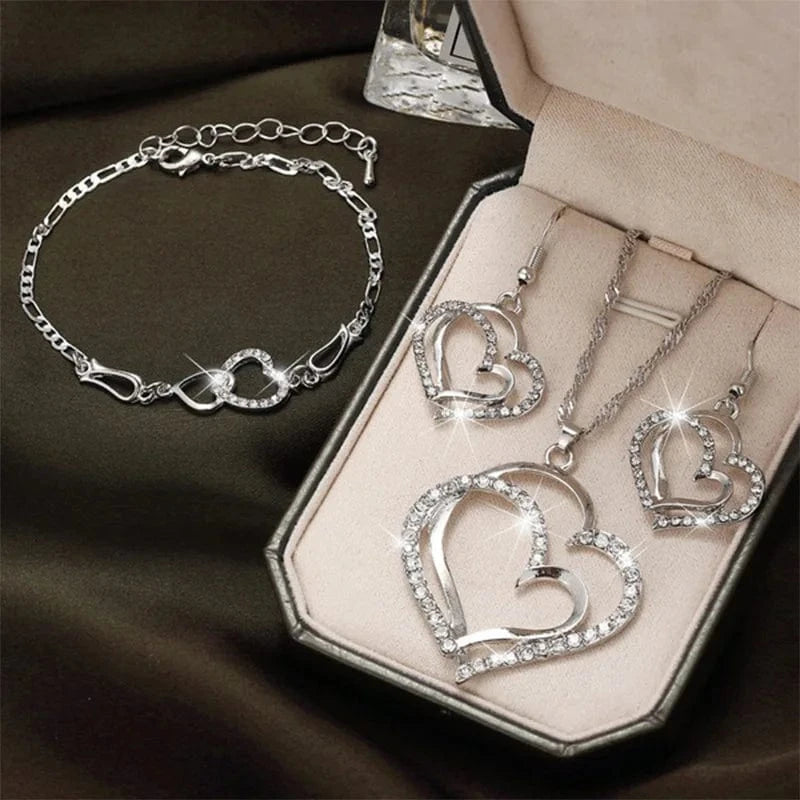 Jewelry set / regular / silver DY Romantic Wedding Party Pendant Necklace Earrings and Bracelet Jewelry Set for Women Gift Box Heart Diamond Crystal Zinc Alloy