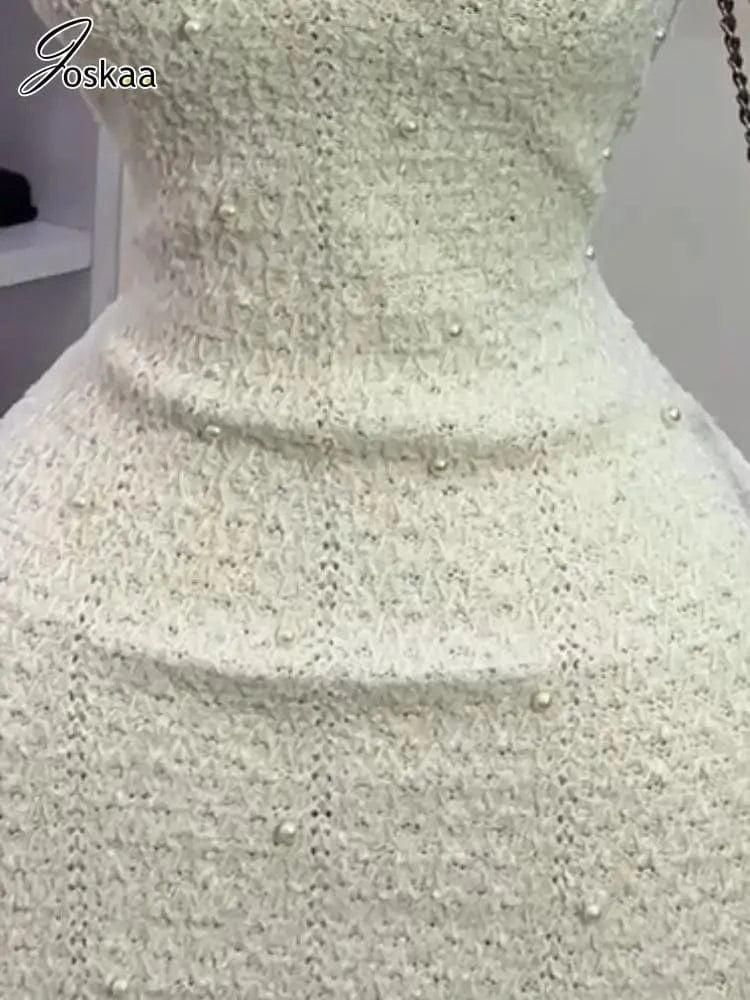 Joskaa 2025 Fall Women's Pearl Embellished Round Neck Sleeveless Bodycon Mini Knitted Dress Party Clubwear Vintage Streetwear
