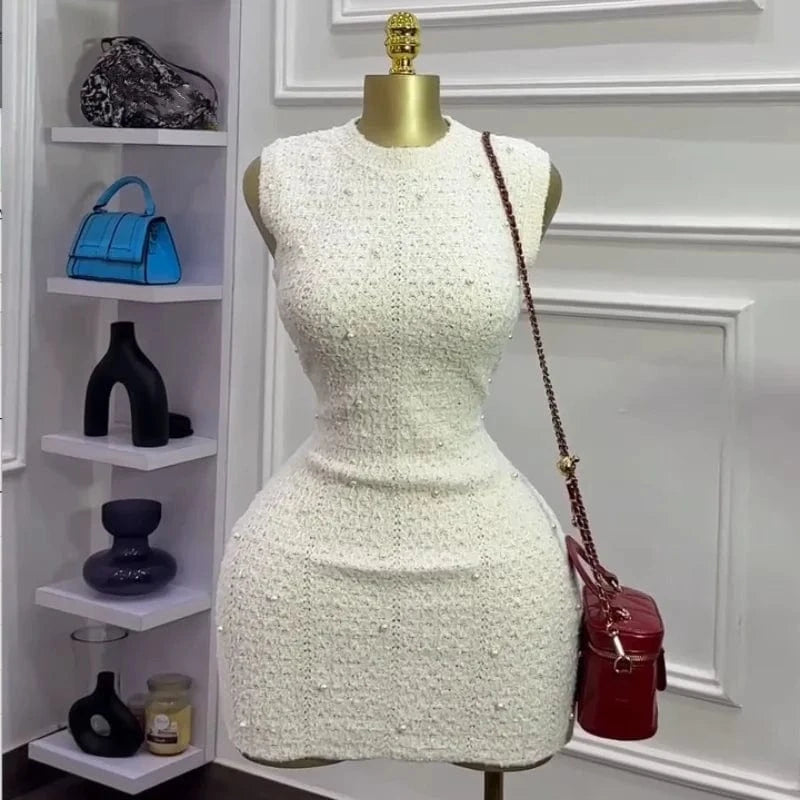 Joskaa 2025 Fall Women's Pearl Embellished Round Neck Sleeveless Bodycon Mini Knitted Dress Party Clubwear Vintage Streetwear